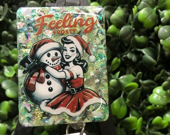 Feeling Frosty Badge Reel, Retro Glitter Christmas ID Holder, Festive Work Accessory
