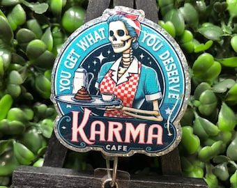 Karma Cafe Badge Reel | Funny Coffee Retractable ID Clip | RN Medical Gift