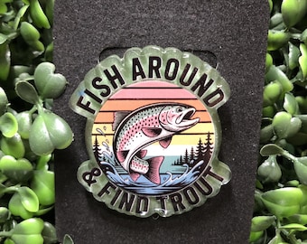 Fish Around Find Trout Badge Reel, Funny Retractable ID Holder, Men's Work Badge Clip