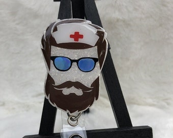 Bearded Male Nurse ID Holder, Male Nurse Badge Reel