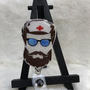 Bearded Male Nurse ID Holder, Male Nurse Badge Reel