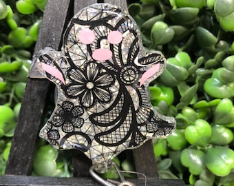 Black Lace Ghost Badge Reel, Halloween Medical ID Holder