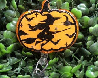 Spooky Flying Witch Badge Reel, Halloween Pumpkin ID Holder