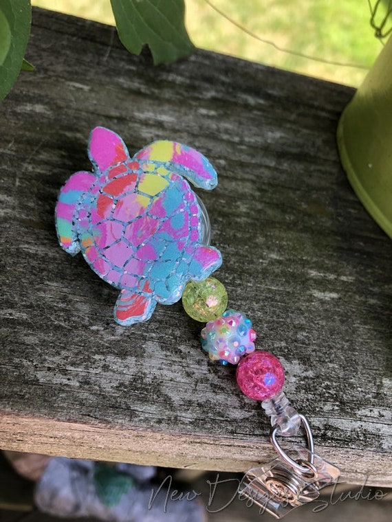 Tye Dye Sea Turtle Badge Reel, Beaded Badge Pulls, Medical Retractable Reels  