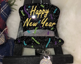 New Years Badge Holder, Top Hat ID Pull, Happy New Year Hat ID Holder, Gift for Nurses, Medical Badge Reel, Holiday ID Clip