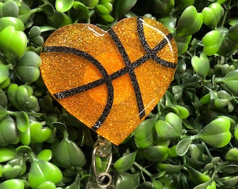 Basketball Heart Badge Reel, Orange Glitter Sports ID Holder