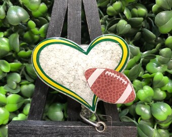 Green & Gold Heart Football Heart Badge Reel: Custom Glitter Sports ID Holder