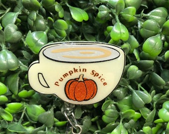 Pumpkin Spice Cup Badge Reel, Tan Cappuccino Cup ID Holder, Fall Healthcare ID Badge