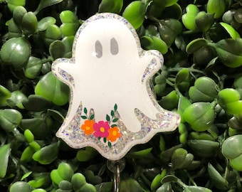 Sparkling Ghost with Flowers Badge Reel, Medical ID Holder, Halloween Magnets