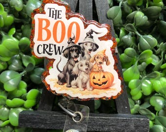 The BOO Crew Dog Badge Reel, Halloween Dogs ID Holder, Fall Witches Healthcare ID Badge