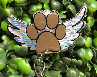 Paw Angel Wings Badge Holder, Pet Memorial Glitter ID Reel