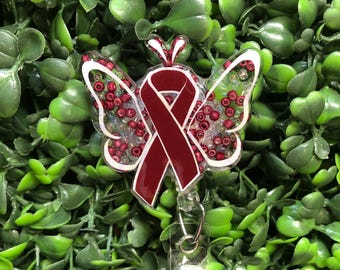 Maroon Butterfly Awareness Ribbon ID Holder, Burgundy Awareness Badge Reels,