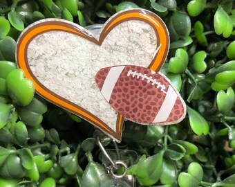 Brown & Orange Heart Football Heart Badge Reel: Custom Glitter Sports ID Holder