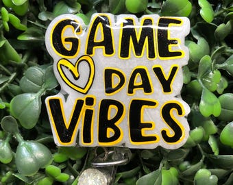 Game Day Vibes Badge Reel, Black & Gold Sports ID Holder