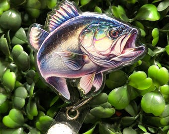 Bass Fish Badge Reel, Epoxy Coated ID Holder