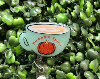 Pumpkin Spice Cup Badge Reel, Sage Cup ID Holder, Fall Healthcare ID Badge