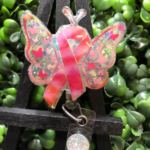 Pink Butterfly Badge Reel, Pink Ribbon Awareness ID Holder, Breast Cancer Magnet