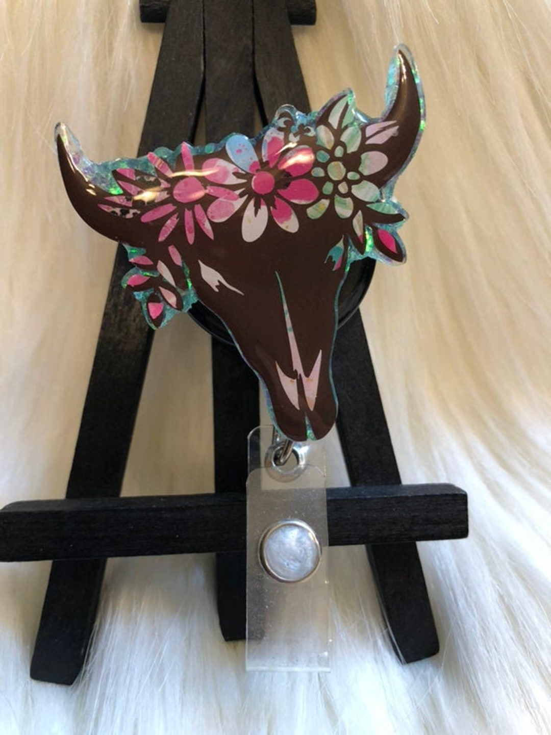 Cow Skull Badge Reel, Floral ID Clip, Medical Badge Reels