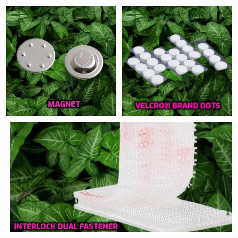 May include: An assortment of fasteners, including two silver magnets, packages of white Velcro brand dots, and an Interlock dual fastener. The items are displayed against a backdrop of green leaves, with product names labeled in the image.