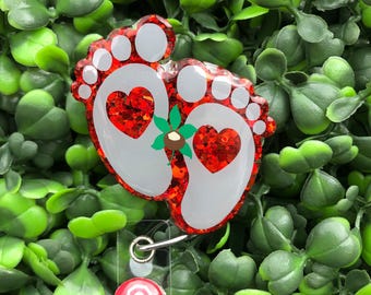 Buckeye Baby Feet Badge Reel, Red Glitter, Ohio State L&D