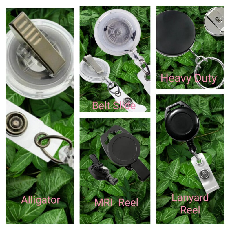 May include: A collection of retractable badge reels with various attachment styles. The image shows clear, black, and silver reels with clips, belt slides, and lanyard attachments. Text labels include "Heavy Duty," "Belt Slide," "Alligator," "MRI Reel," and "Lanyard Reel."