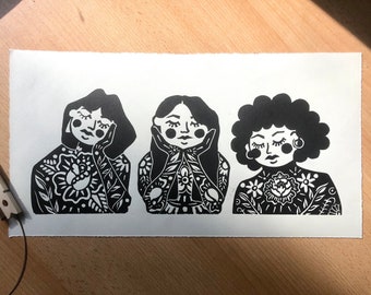 Three Ladies Linocut Print