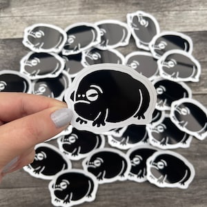 May include: A collection of black and white frog stickers. The stickers are all the same design, but are different sizes. The stickers are on a wooden surface.