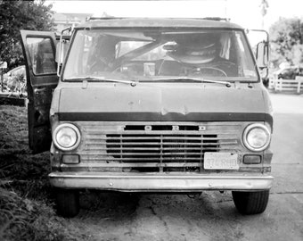 Handmade 35mm film Gelatin Silver Photograph Print of Surf Van in Santa Cruz, CA