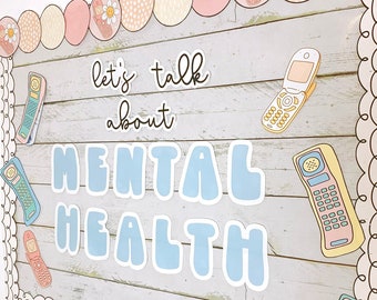 Prikbord geestelijke gezondheid | Retrodecor | Geestelijke gezondheid is belangrijk | Ideeën voor de maand geestelijke gezondheid | Counselingbulletinkit voor counselors