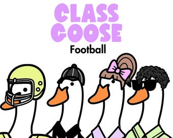 Könnte beinhalten: Cartoon-Illustration mit vier Gänsen in Football-Outfits. Eine Gans trägt Helm und Trikot, eine andere eine Schiedsrichteruniform, eine dritte eine Schleife und die letzte Sonnenbrille und ein Trikot. Der Text "CLASS GOOSE Football" wird angezeigt.