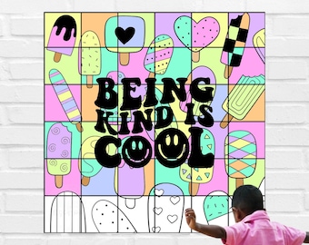 May include: A colourful poster with a grid pattern featuring ice cream cones and the text "Being Kind is Cool" with a smiley face.