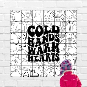 May include: Black and white illustration of winter-themed objects with the text "COLD HANDS WARM HEARTS" in bold, black letters. A child wearing a red jacket and a plaid hat is looking at the illustration.