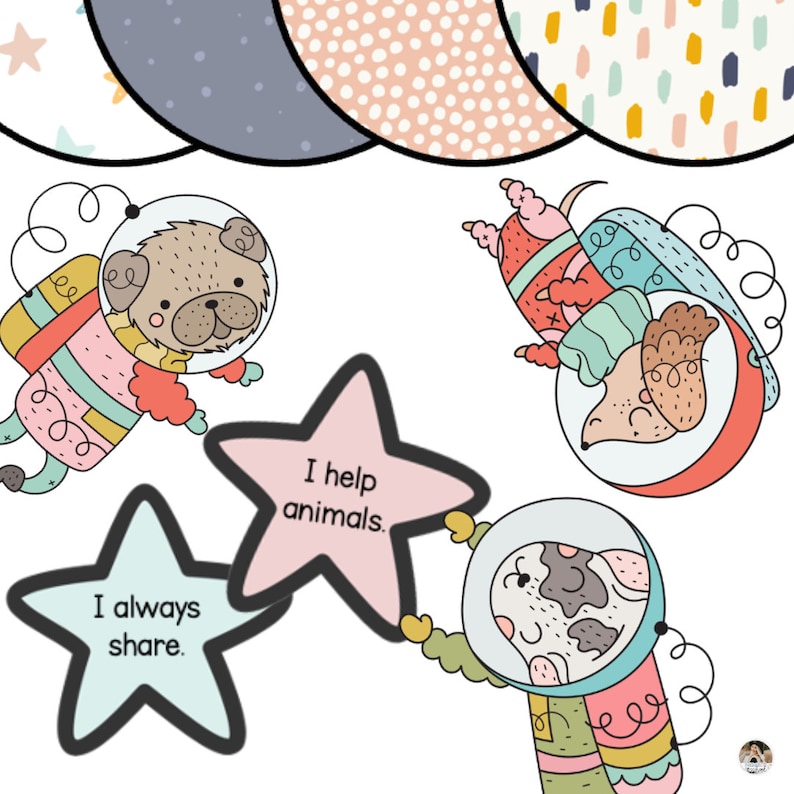 Puede incluir: Tres animales de dibujos animados con trajes de astronauta y sosteniendo estrellas con mensajes positivos. Las estrellas dicen "Siempre comparto", "Ayudo a los animales" y "Soy amable".