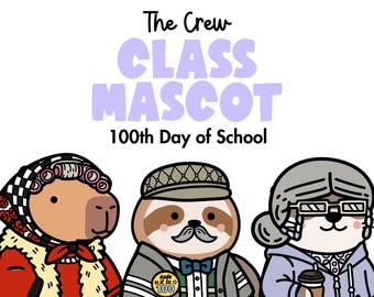 May include: Illustration featuring three cartoon animal characters dressed in outfits. The text "Premium Pack," "The Crew," "CLASS MASCOT," and "100th Day of School" are displayed. The characters include a capybara, a sloth, and a bear.