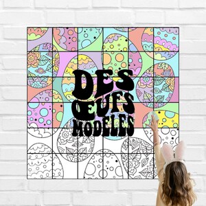 May include: A colourful grid of Easter eggs with a black and white design. The text "DES OEUFS MODELES" is written in black letters on the grid.