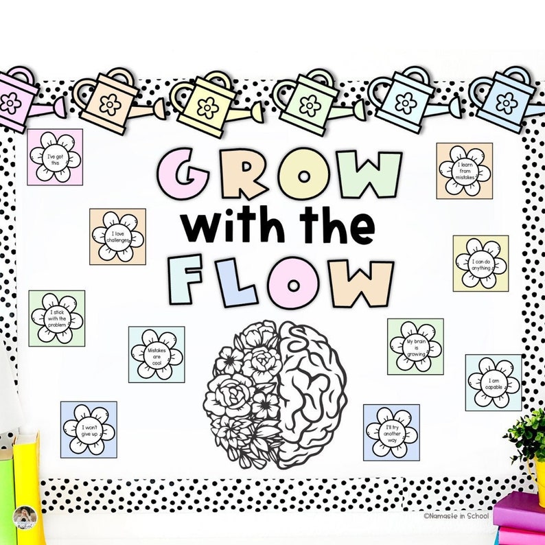 May include: A classroom bulletin board with the words "Grow with the Flow" in colourful letters. The board is decorated with images of watering cans and flowers. There are also several motivational phrases written on colourful flower-shaped cards, such as "I've got this", "I love challenges", "Mistakes are good", "I learn from mistakes", "I can do anything", "My brain is growing", "I'll try another way", and "I am capable".