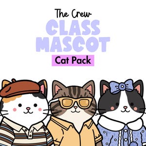 以下が含まれることがあります： The Crew CLASS MASCOT Cat Packというテキストが書かれた、3匹の漫画風の猫のデジタルイラスト。左の猫は茶色のベレー帽とストライプのシャツを着ている。中央の猫は黄色のサングラスとベージュのシャツを着ている。右の猫は青いリボンをつけている。