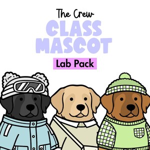 May include: A digital illustration featuring three Labrador dogs. The text reads The Crew CLASS MASCOT Lab Pack. The left dog is black wearing a light blue jacket and ski goggles. The middle dog is yellow. The right dog is brown wearing a green sweater.