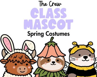May include: Illustration of three cartoon animal costumes: a bull with bunny ears, a sloth in a flower costume, and a bee. Text reads "Premium Pack," "The Crew," "Class Mascot," and "Spring Costumes."