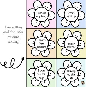 May include: A printable worksheet with six flower-shaped affirmation cards. Each card has a positive affirmation written inside, such as "I can do anything" and "I'm a super learner".
