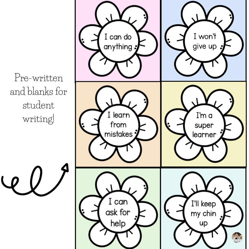 May include: A printable worksheet with six flower-shaped affirmation cards. Each card has a positive affirmation written inside, such as "I can do anything" and "I'm a super learner".