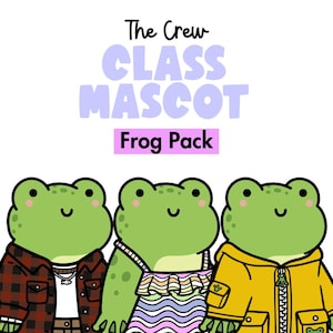 Op de afbeelding: Een digitale illustratie met drie groene kikkers met roze wangen. De linker kikker draagt een rood-zwart geruit overhemd, de middelste een regenboog gestreepte jurk en de rechter een gele regenjas. Tekst: The Crew CLASS MASCOT Frog Pack.