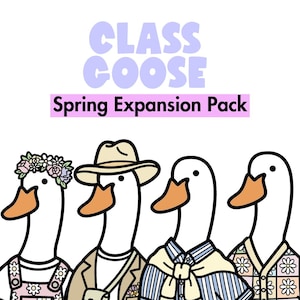 May include: Illustration featuring four cartoon geese with orange beaks and various outfits. The geese are wearing a floral crown, a hat, a striped shirt, and a floral shirt. The text "CLASS GOOSE Spring Expansion Pack" is at the top.