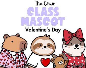 May include: A Valentine's Day themed illustration featuring three cartoon animal characters: a capybara in a pink suit with heart patterns, a sloth with a heart on its shirt, and an otter in a red dress. Text reads "Premium Pack", "The Crew", "Class Mascot", and "Valentine's Day".