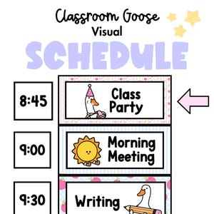 May include: A Classroom Goose Visual Schedule chart featuring time slots and activity labels. The schedule includes 8:45 Class Party with a goose in a party hat, 9:00 Morning Meeting with a sun icon, and 9:30 Writing with a goose holding a pencil.