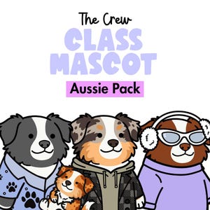 May include: A digital illustration featuring the text The Crew CLASS MASCOT Aussie Pack above four Australian Shepherd dogs. The dogs are wearing various outfits including a paw print shirt, a plaid jacket, and a purple sweater with earmuffs.