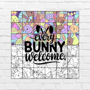 May include: A colourful Easter-themed colouring page with a grid pattern. The page features bunnies, eggs, and flowers. The text "Yo every bunny welcome" is written in black lettering.