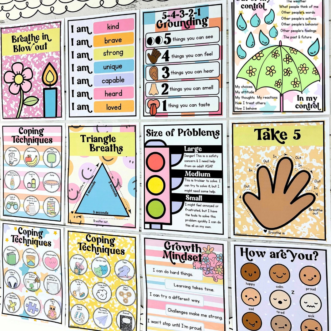 Bright Rainbow Classroom Decor | Classroom Calm Down Corner Posters | Calm Corner Printables | Therapy Office Decor | Breathing Exercises
