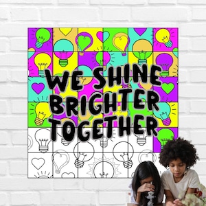 May include: A colorful grid of light bulbs and hearts with the text "We Shine Brighter Together" in black. Two children are looking at a microscope in the foreground.