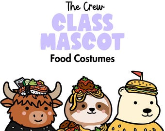 May include: A graphic featuring three cartoon food costumes: a yak with sushi, a sloth with spaghetti and meatballs, and a polar bear with a hamburger. The text reads "Premium Pack", "The Crew", "Class Mascot", and "Food Costumes".